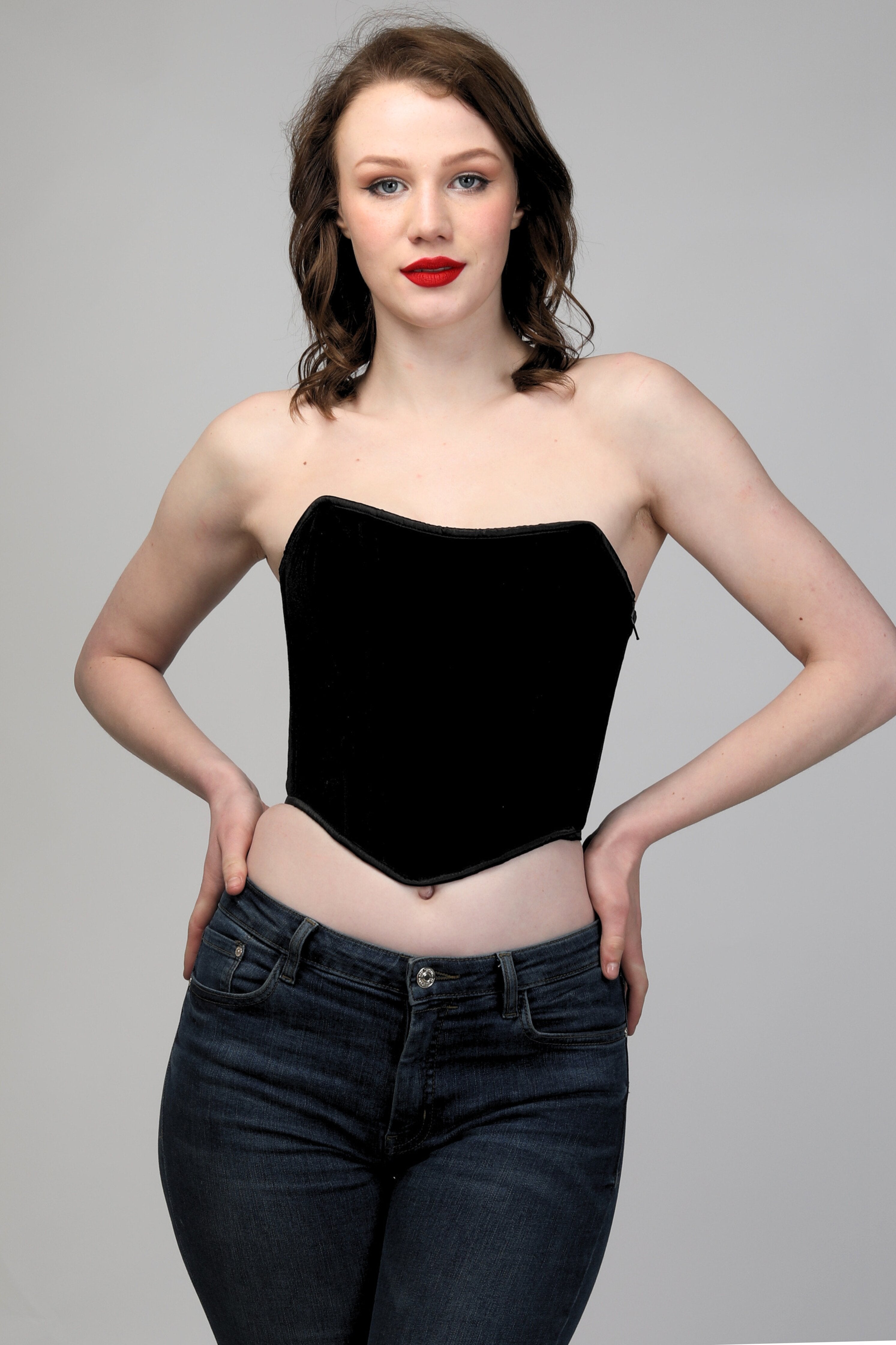 Steel-boned black corset top full length styled look – Corset Vogue