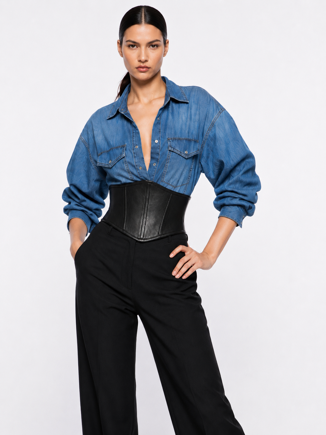 Modern Western Black Faux leather Corset Belt