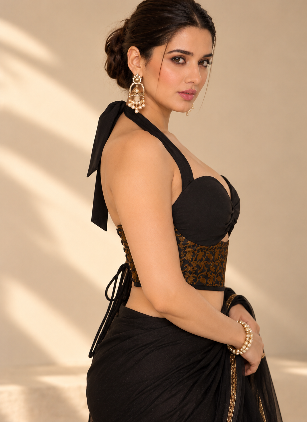 Black & Gold Brocade Halter Neck Corset Blouse