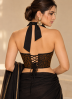 Black & Gold Brocade Halter Neck Corset Blouse