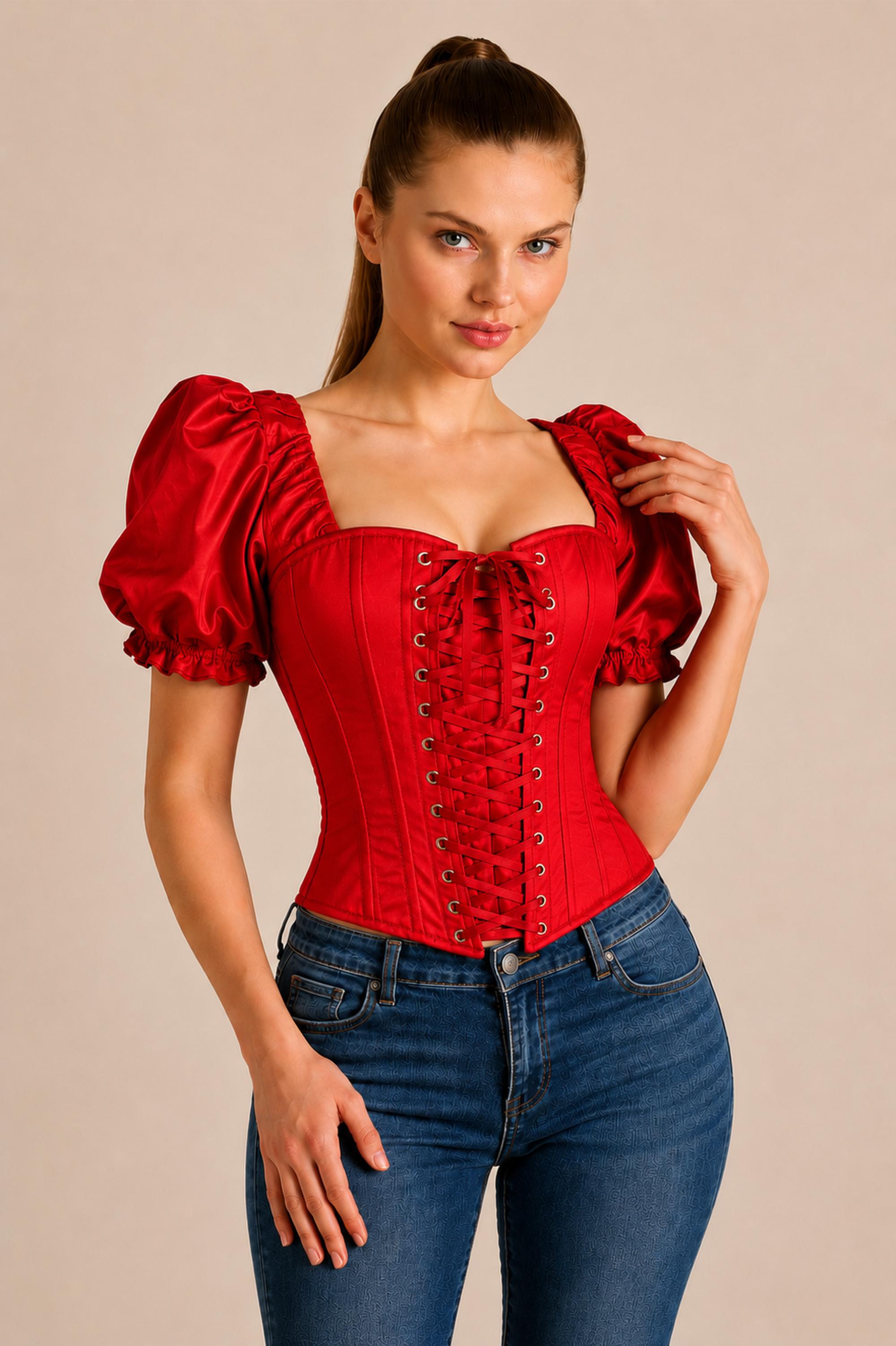Red Corset Top for Women with Sleeves