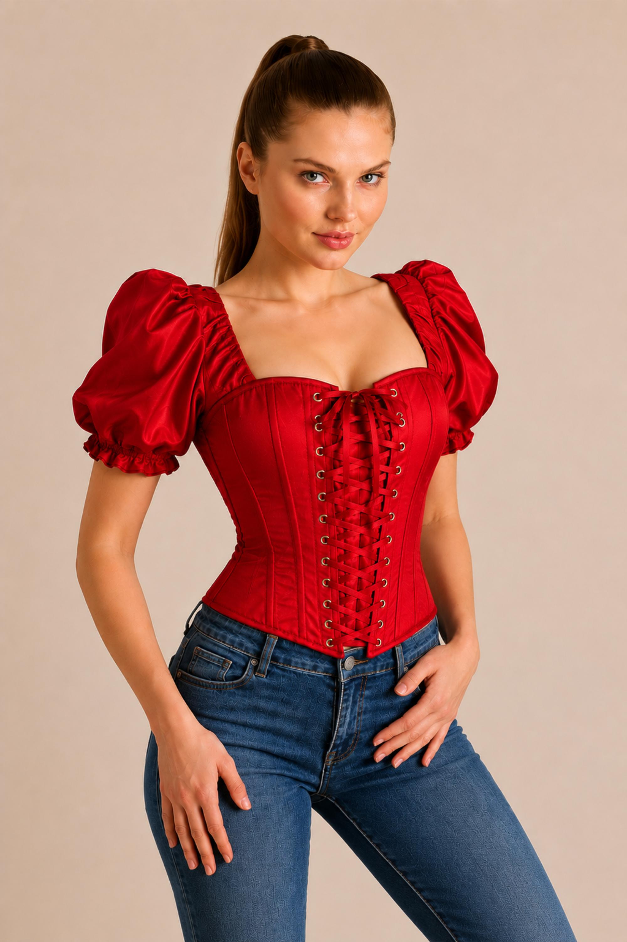 Red Corset Top for Women with Sleeves